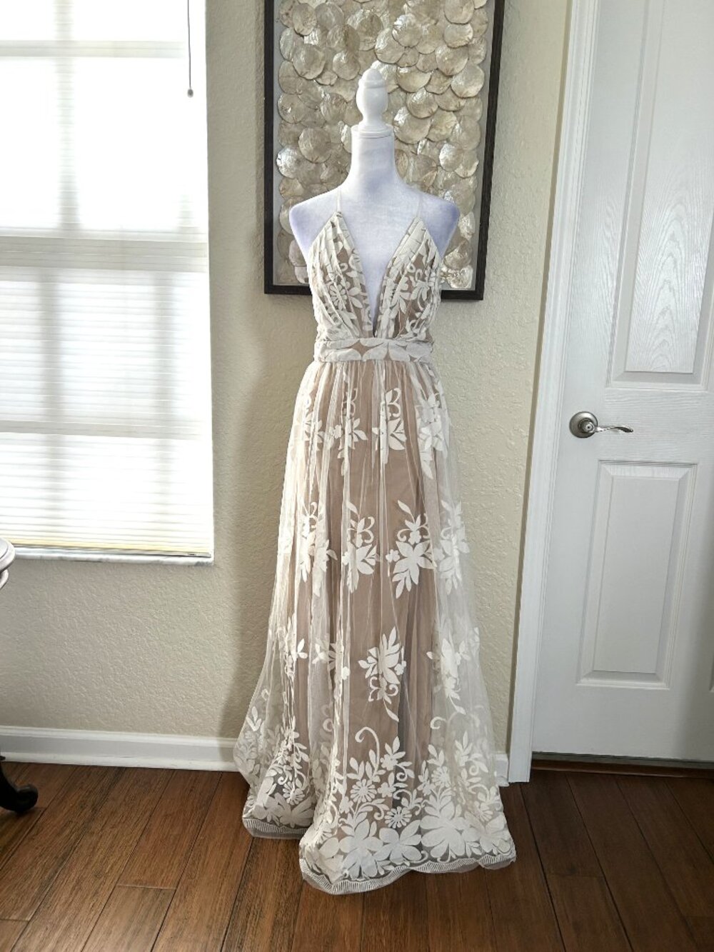 Windsor Nude & Cream Velvet Mesh Overlay Maxi Dress